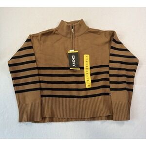 New DKNY Women's LS Quarter-Zip Sweater Size M Brown Black Stripe